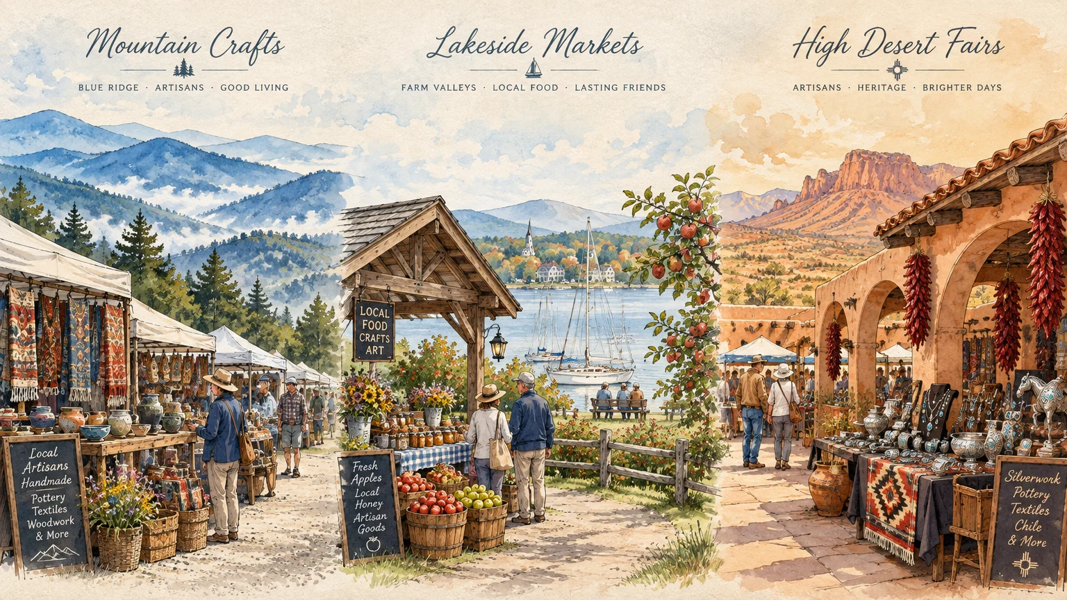 Watercolor triptych depicting outdoor artisan markets set in mountain, lakeside, and high desert landscapes.