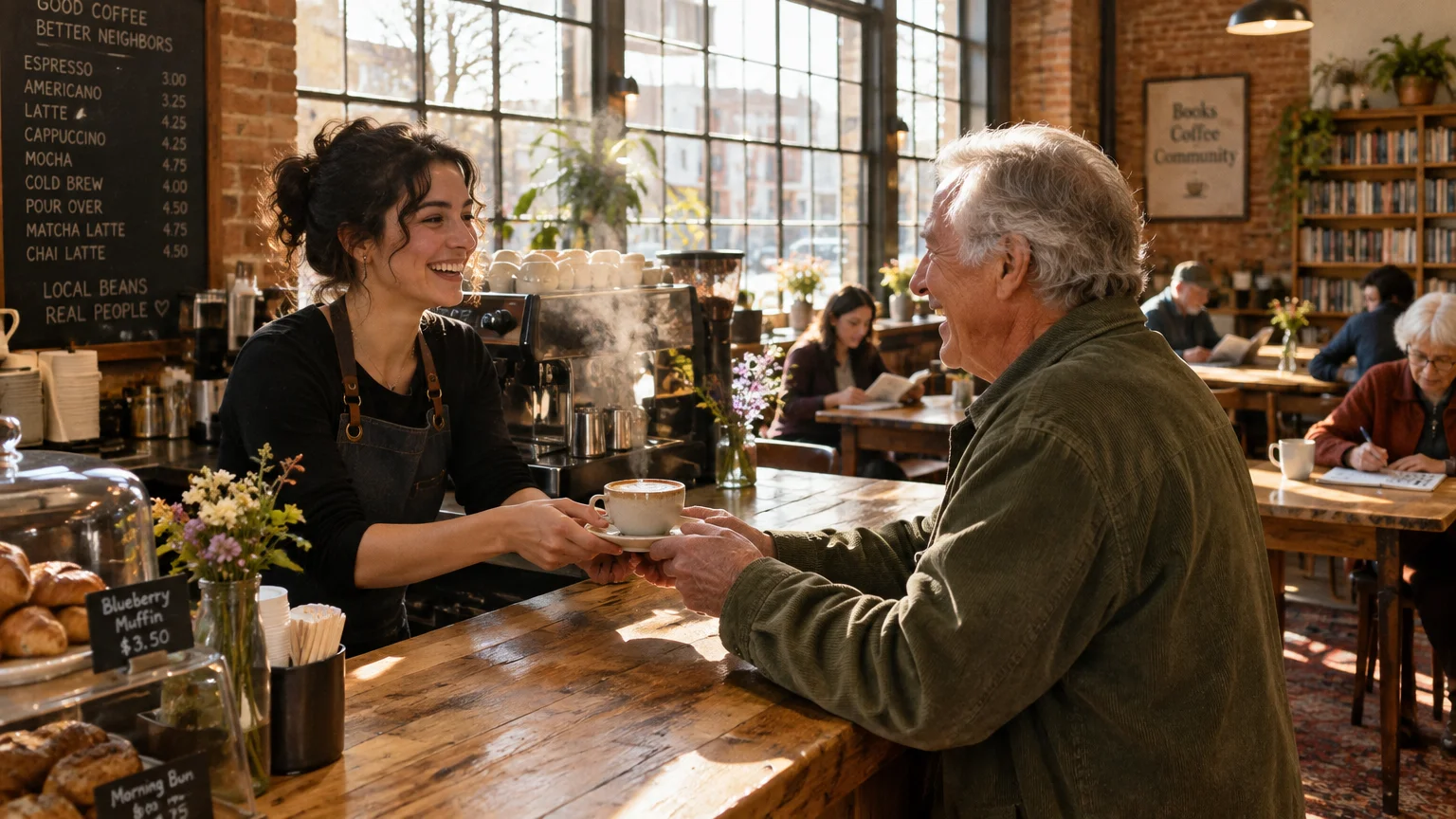 A smiling barista hands a steaming cup of coffee across a rustic wooden counter to an older man.