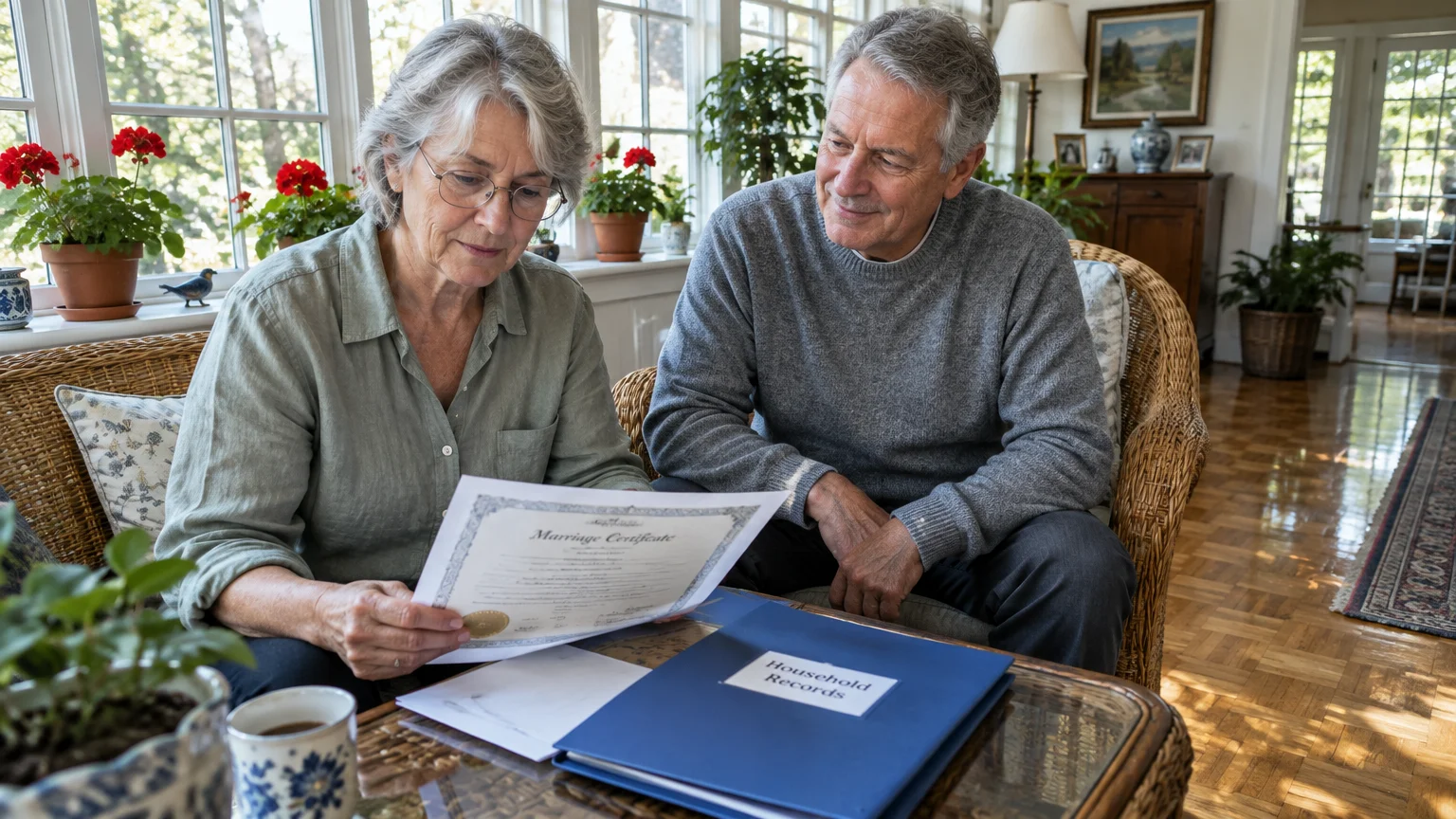 A senior couple sits in a sunroom reviewing a marriage certificate and a blue household records binder.