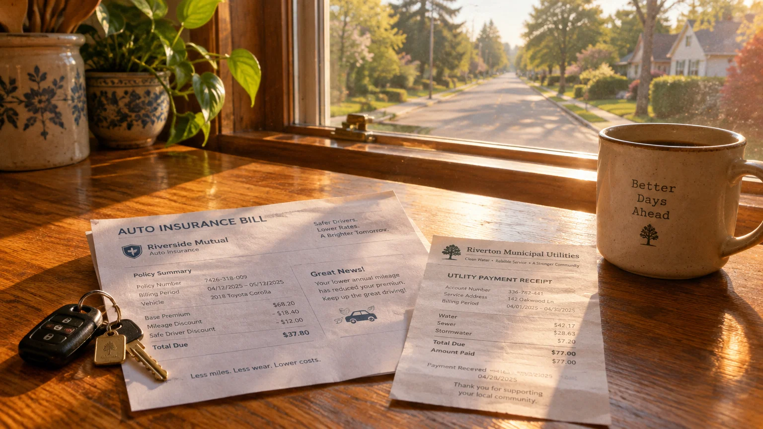 Car keys, an auto insurance bill, a utility receipt, and a coffee mug sit on a windowsill overlooking a quiet street.