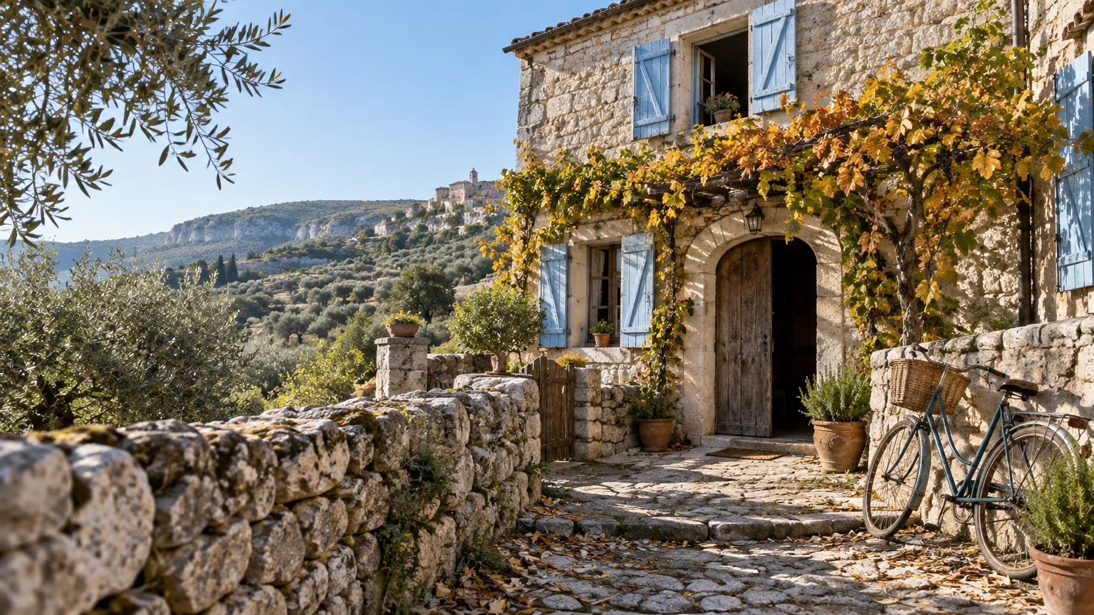Stone cottage with light blue shutters, climbing vines, a stone pathway, and a bicycle overlooking rolling hills.
