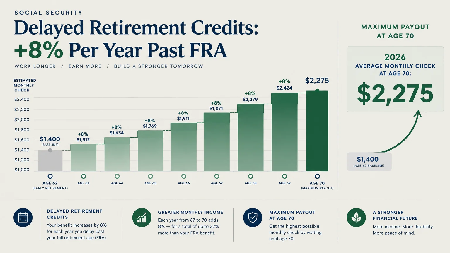 Bar chart tracking monthly Social Security growth from age 62 to 70 alongside a callout highlighting a $2,275 payout.