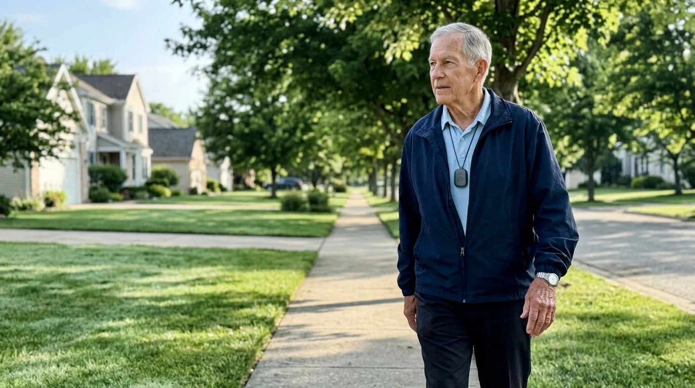 Senior man wearing a black medical alert pendant walks along a suburban sidewalk lined with trees and houses.