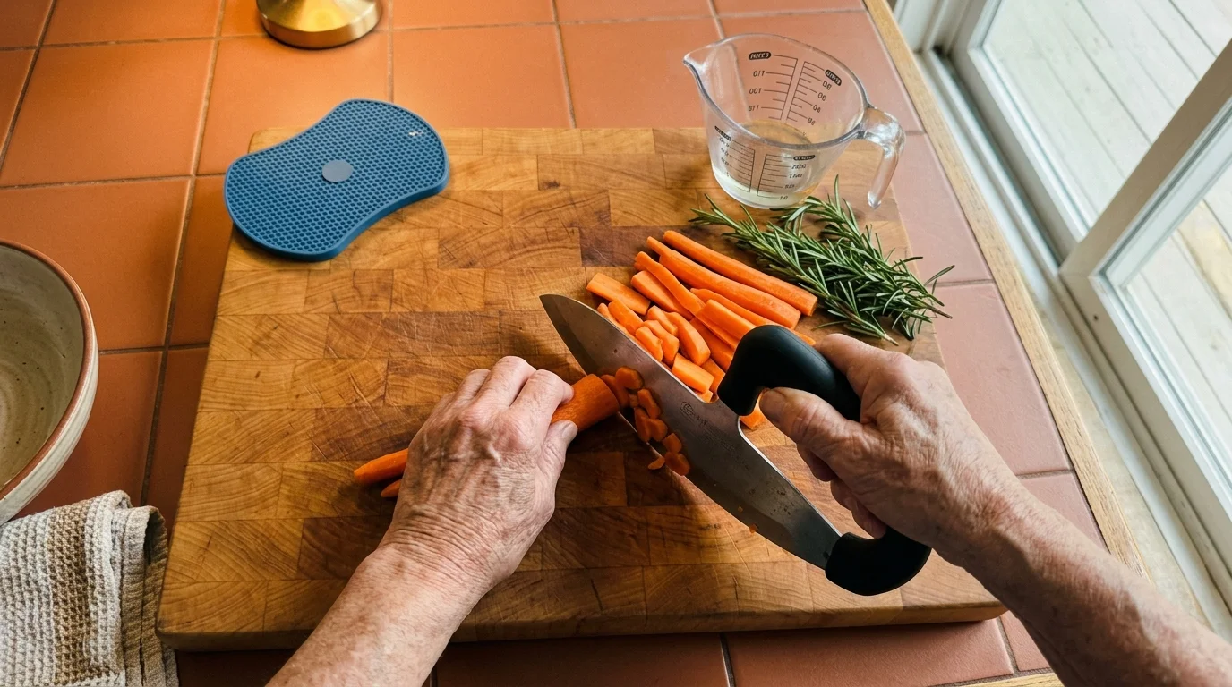Senior hands slicing carrots on a wooden cutting board using an adaptive rocker knife with an ergonomic black handle.