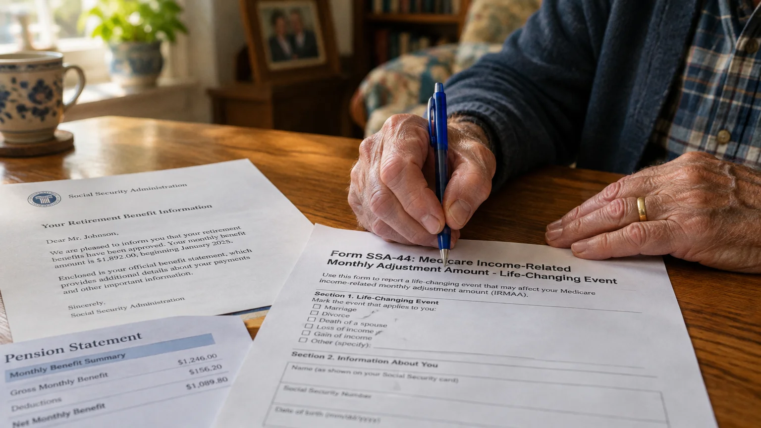 Close-up of a person filling out Form SSA-44 with a blue pen on a wooden table beside benefit statements.