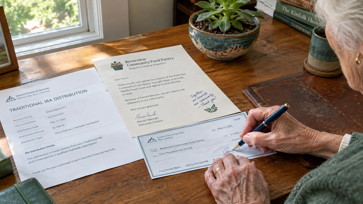 Senior person signing a check for a food pantry beside a traditional IRA distribution document on a wooden desk.