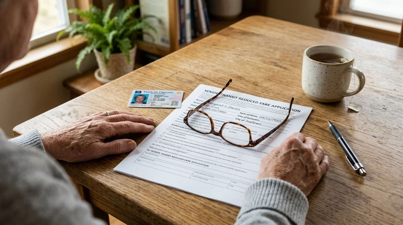 A person at a wooden table with a senior transit reduced fare application, an ID card, eyeglasses, pen, and tea mug.