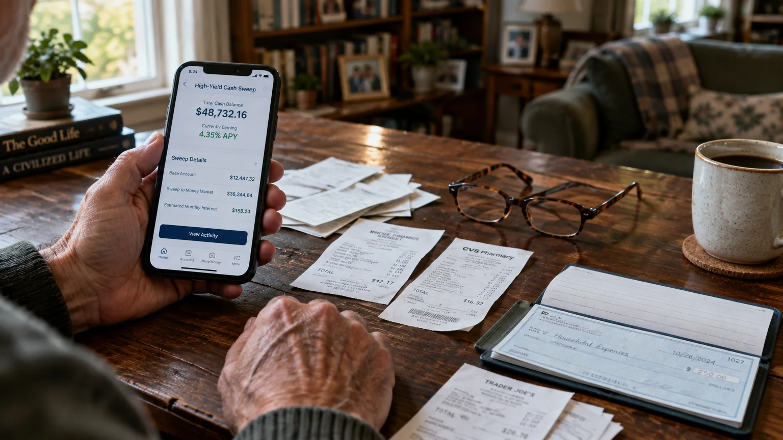 Person holding a smartphone displaying a high-yield cash sweep balance alongside receipts, eyeglasses, and a checkbook on a desk.