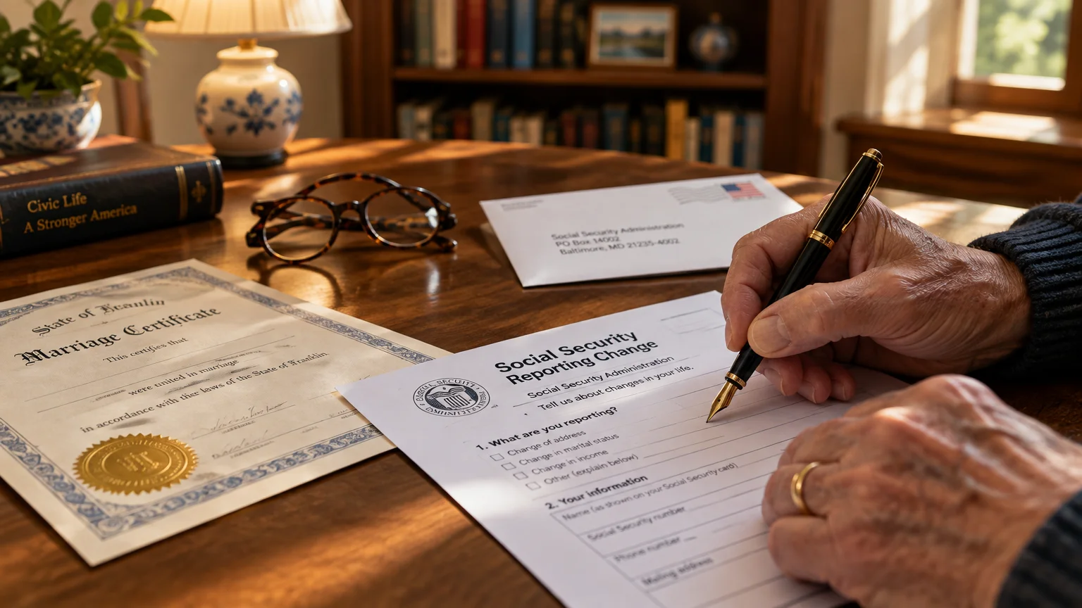 Person writing on a Social Security reporting form next to a marriage certificate and glasses on a wooden desk.