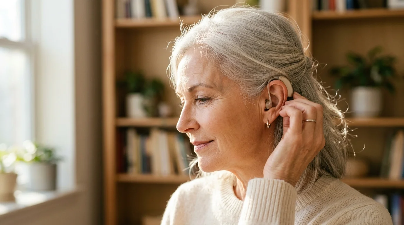 A gray-haired senior woman adjusting an over-the-ear hearing aid next to a bookshelf.
