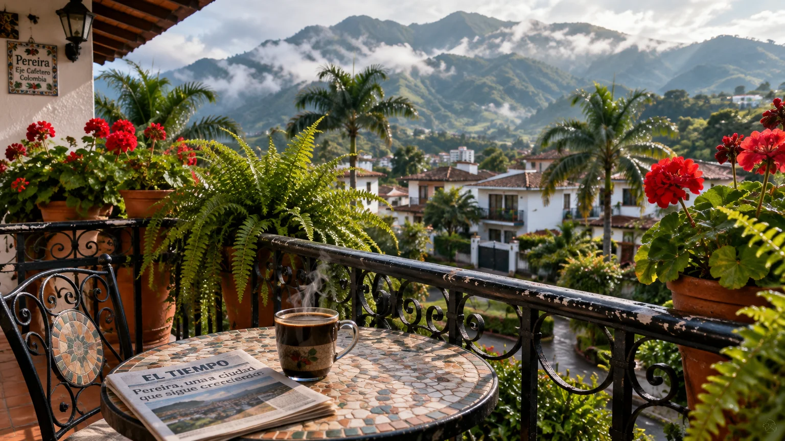 Steaming coffee mug and newspaper on a mosaic balcony table overlooking palm trees, houses, and misty green mountains.