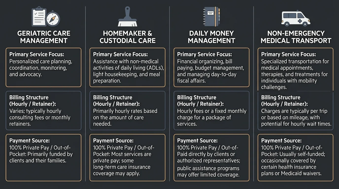 Infographic comparing service focus, billing structures, and private pay sources across four retirement care services.
