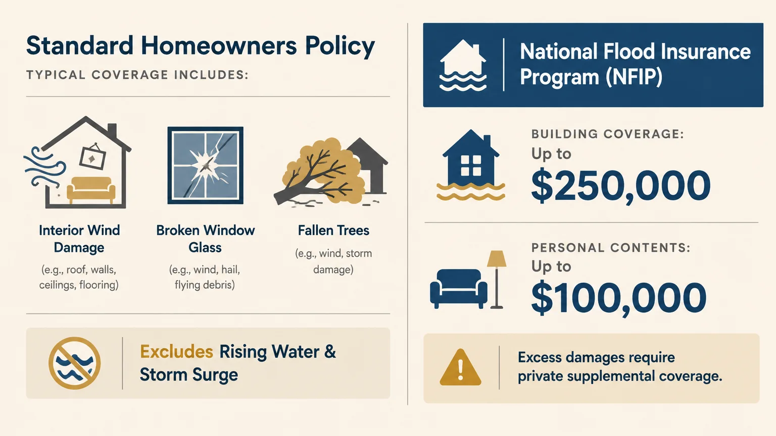 Diagram comparing standard homeowners policy coverages and exclusions to NFIP building and personal contents coverage limits.