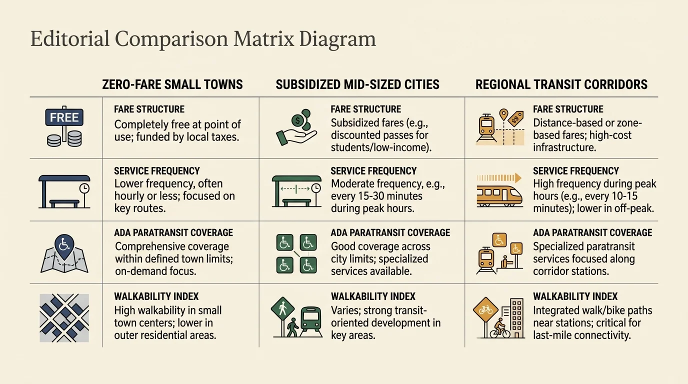 Editorial comparison matrix comparing zero-fare small towns, subsidized mid-sized cities, and regional transit corridors.