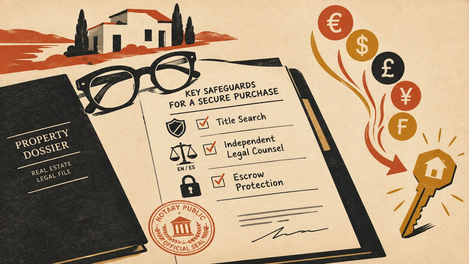 Illustration of a real estate legal checklist, eyeglasses, a property dossier, currency symbols, and a house key.
