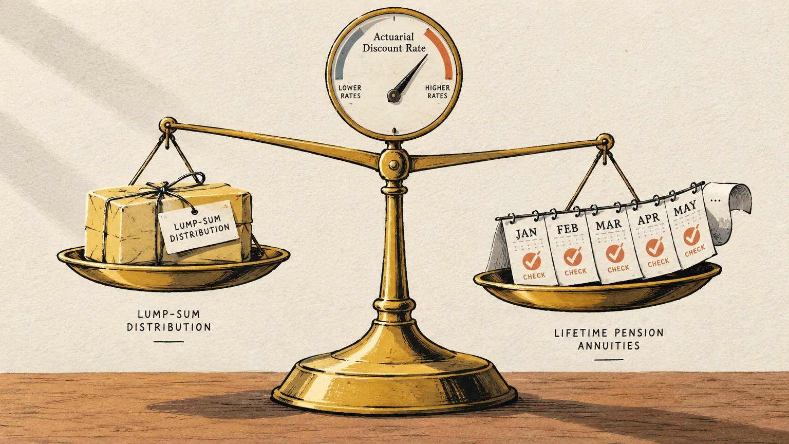 Illustration of a brass balance scale weighing a wrapped lump-sum distribution against monthly pension checks under a gauge.