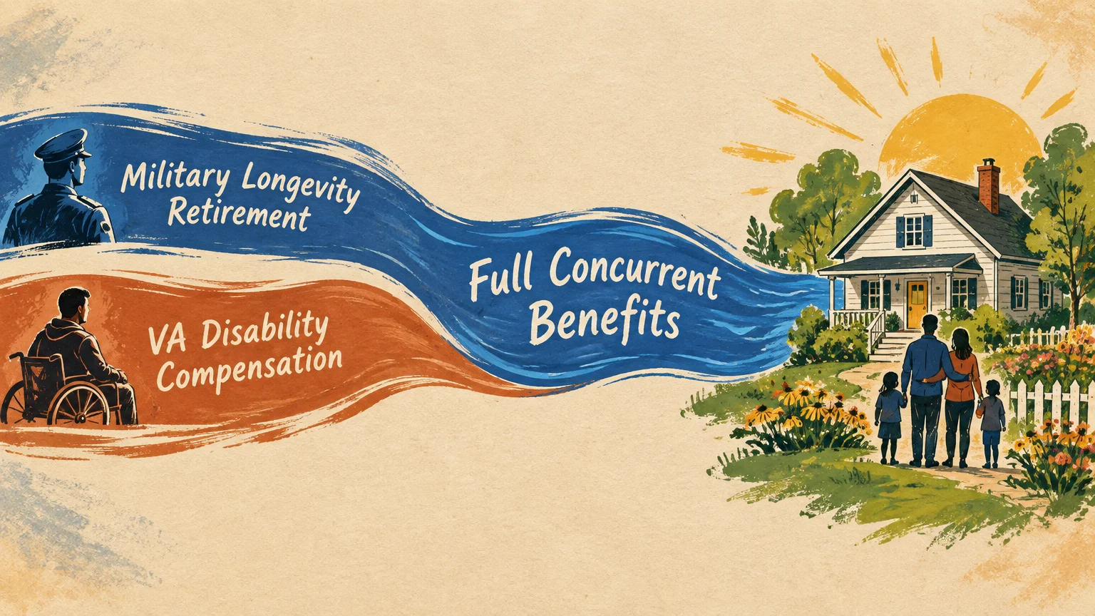 Illustration showing streams of military retirement and VA disability merging into full benefits leading to a family and home.