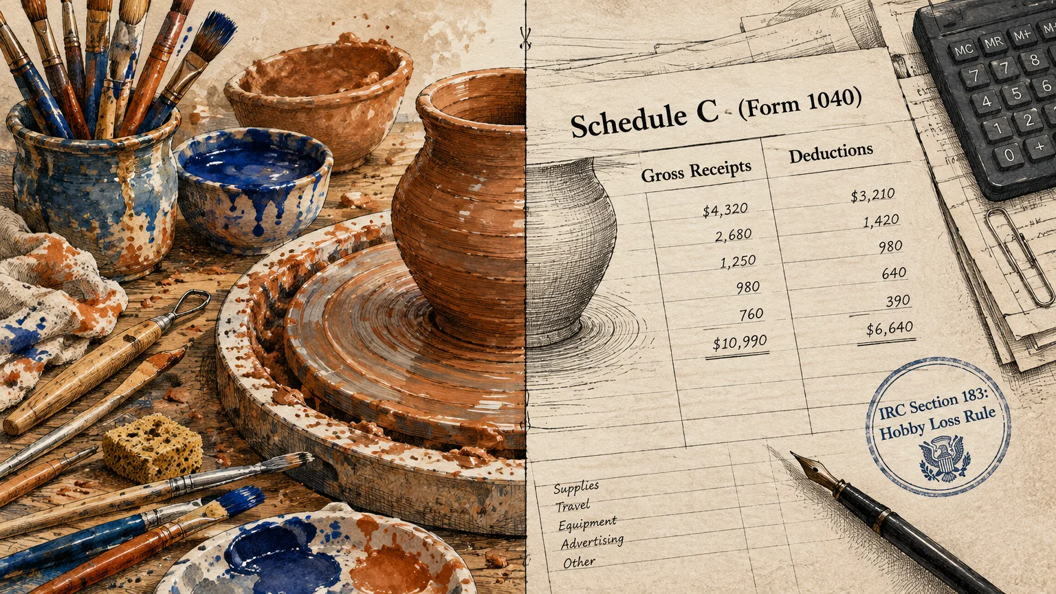 Illustration split between a pottery wheel with craft supplies and a Schedule C tax form with a calculator and pen.