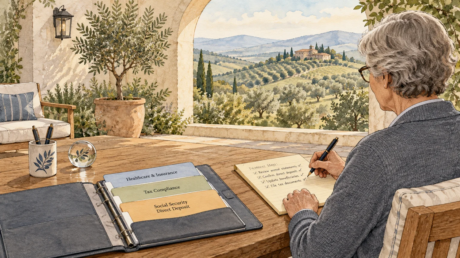 Watercolor illustration of an older person reviewing healthcare, tax, and Social Security folders on a scenic terrace.