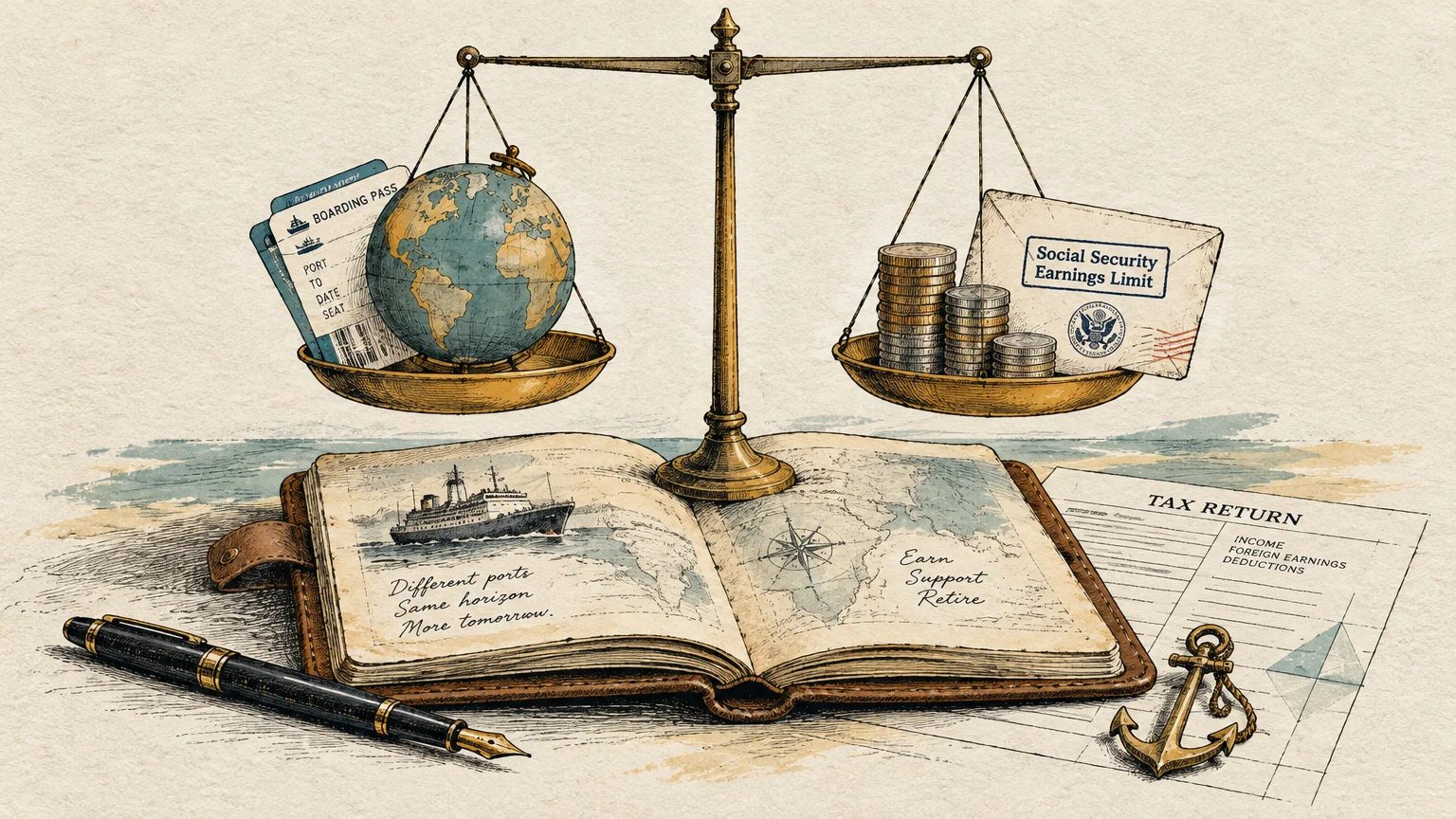 Balance scale holding a globe, boarding passes, coins, and an envelope over an open travel journal and tax return form.