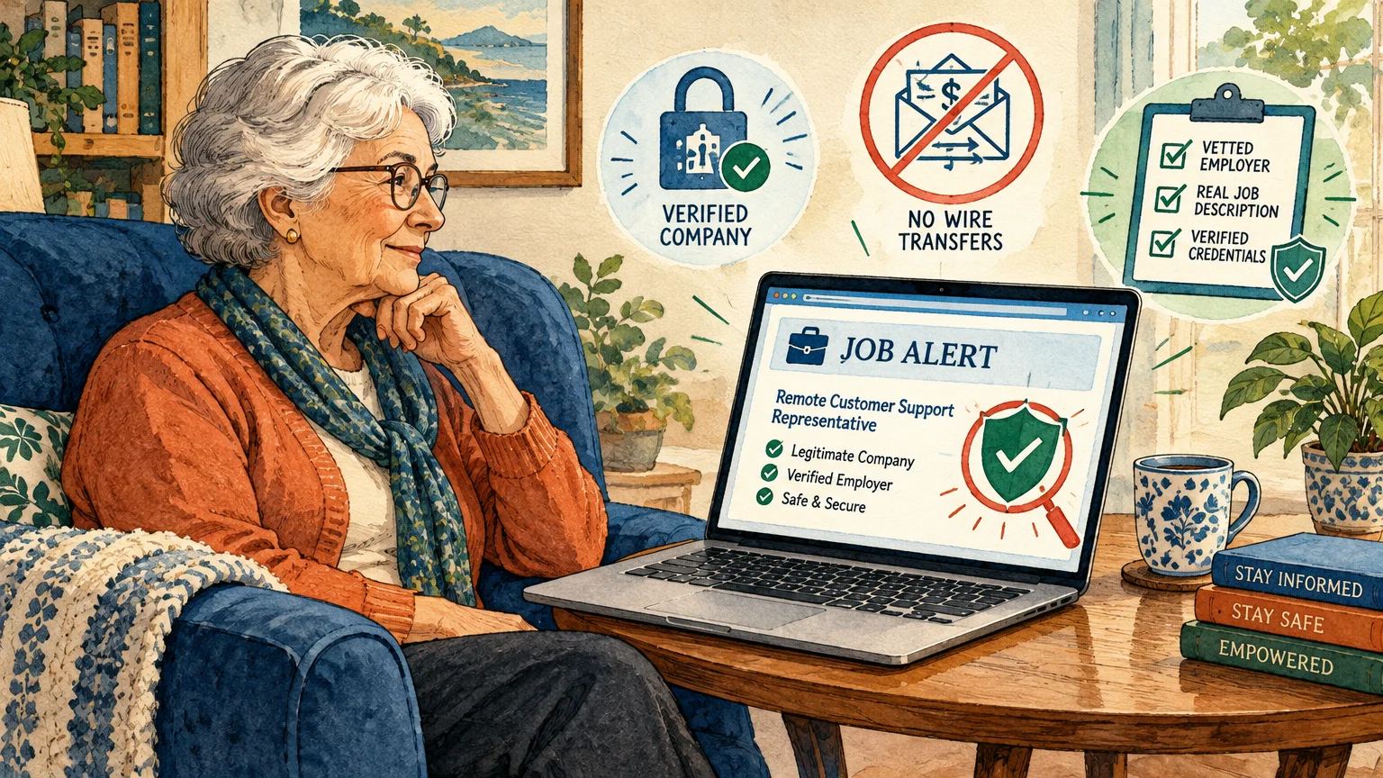 Senior woman looking at a laptop showing a verified remote job alert, surrounded by safety and verification icons.