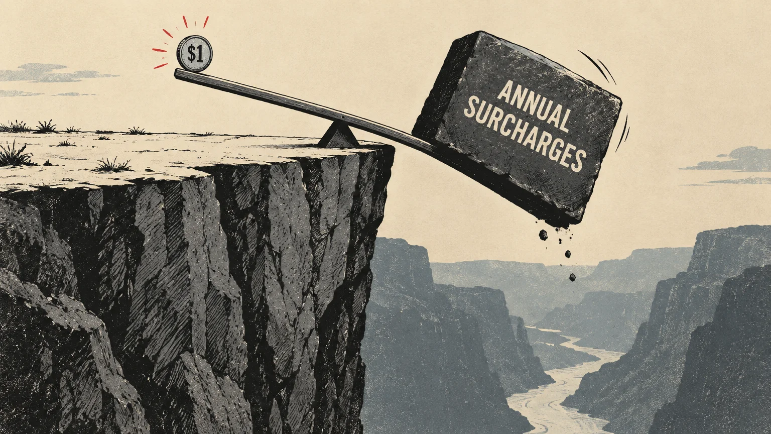 A seesaw on a cliff edge where a one-dollar coin tips a heavy stone block labeled ANNUAL SURCHARGES into a canyon.