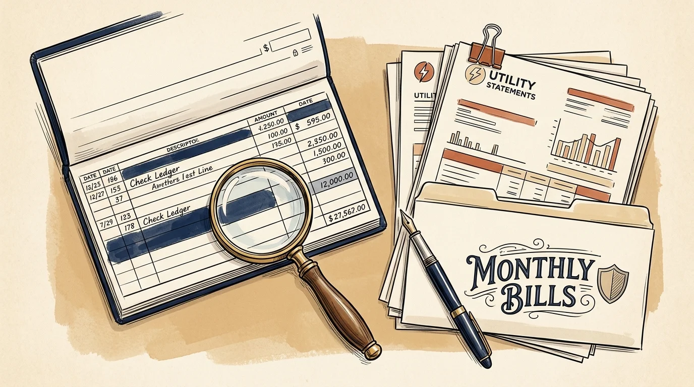 Illustration of an open check ledger, magnifying glass, pen, utility statements, and a monthly bills folder.
