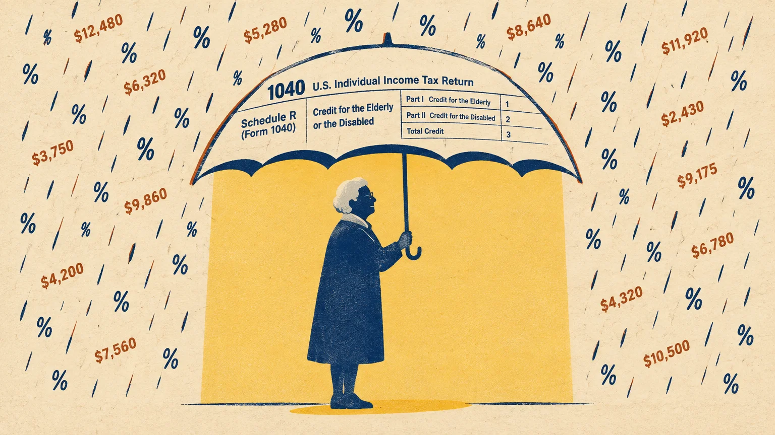 Illustration of an elderly woman holding an umbrella shaped like a Schedule R tax form sheltering her from rain.