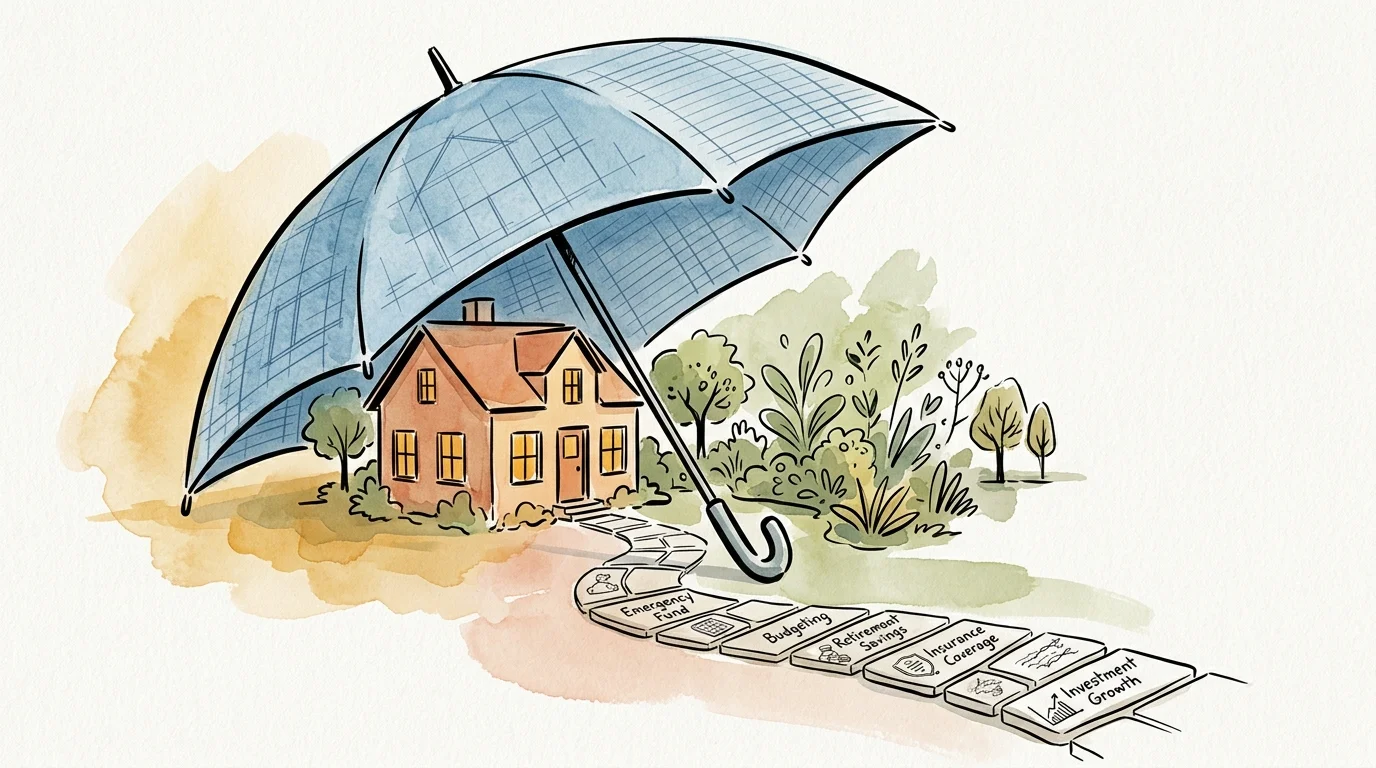 Watercolor illustration of a house sheltered under an open umbrella with a stone path labeled with financial steps.
