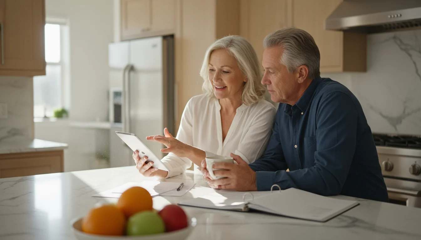 A couple in their late 50s or early 60s discussing content on a tablet at a bright kitchen island.