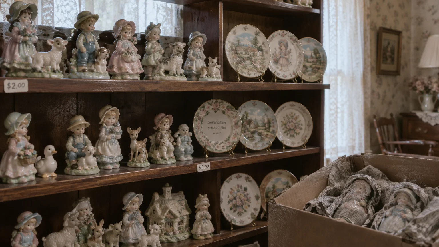 Wooden shelves filled with small pastel porcelain figurines and decorative collector plates marked with small price tags.