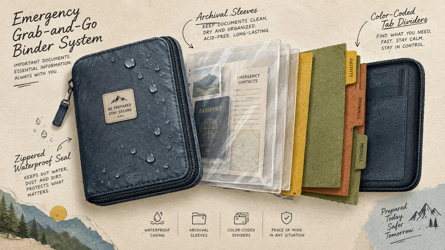 Diagram of an open zippered waterproof binder showing plastic document sleeves, a passport, and color-coded tab dividers.