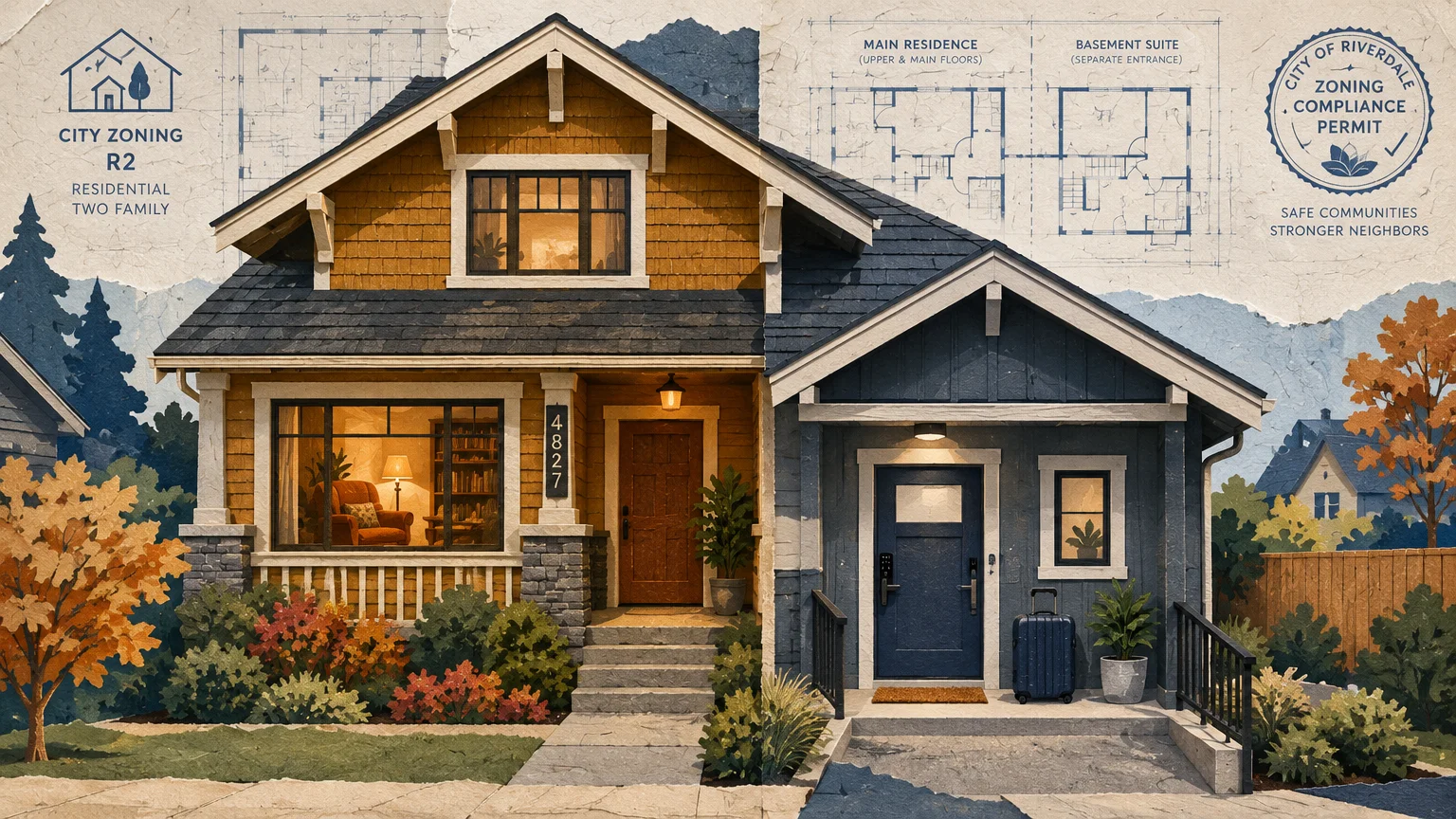 Craftsman house showing a main residence and suite entrance, overlaid with floor blueprints and city zoning permit stamps.
