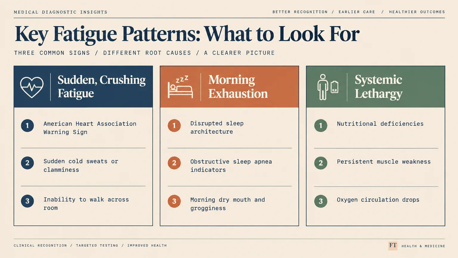 Infographic titled Key Fatigue Patterns detailing signs for Sudden Crushing Fatigue, Morning Exhaustion, and Systemic Lethargy.