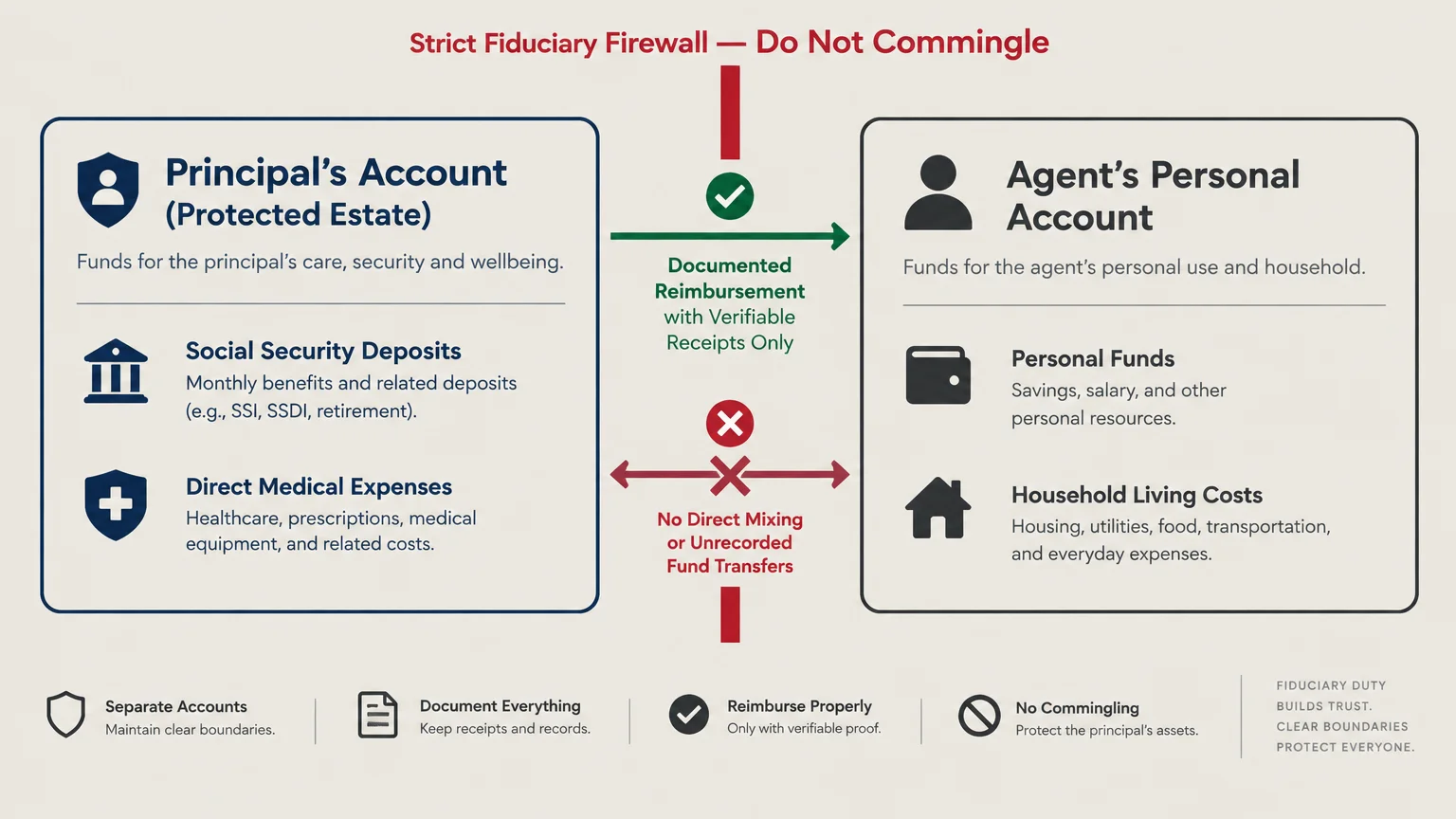 Diagram outlining a strict fiduciary firewall separating a principal's account from an agent's personal account.
