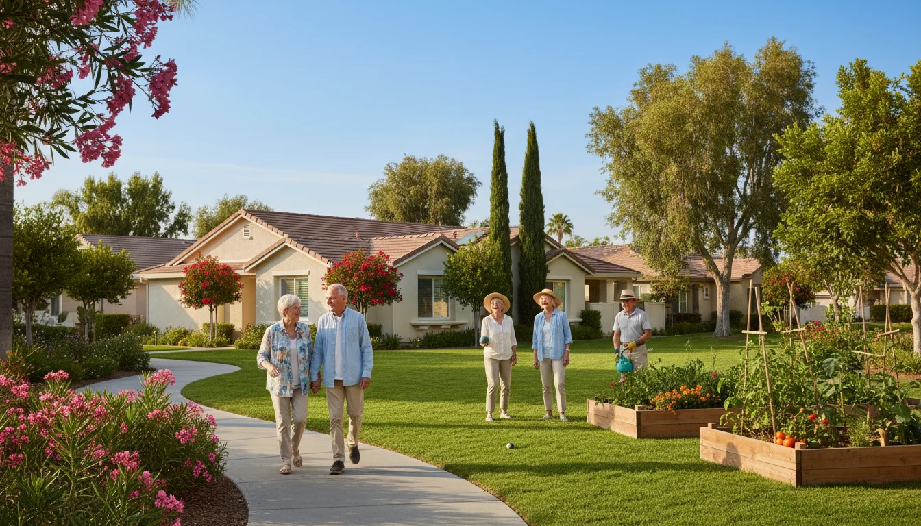 Diverse older adults actively enjoying a sunny day outdoors in a senior living community. They are walking, playing bocce ball, and gardening.