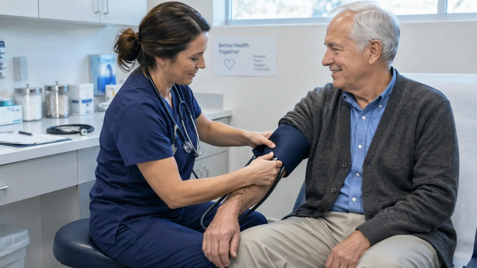 A female nurse in blue scrubs places a blood pressure cuff on a smiling senior man in a doctor's office.