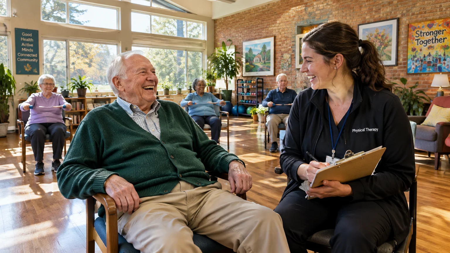A physical therapist holds a clipboard while laughing with a senior man in a sunny community room.