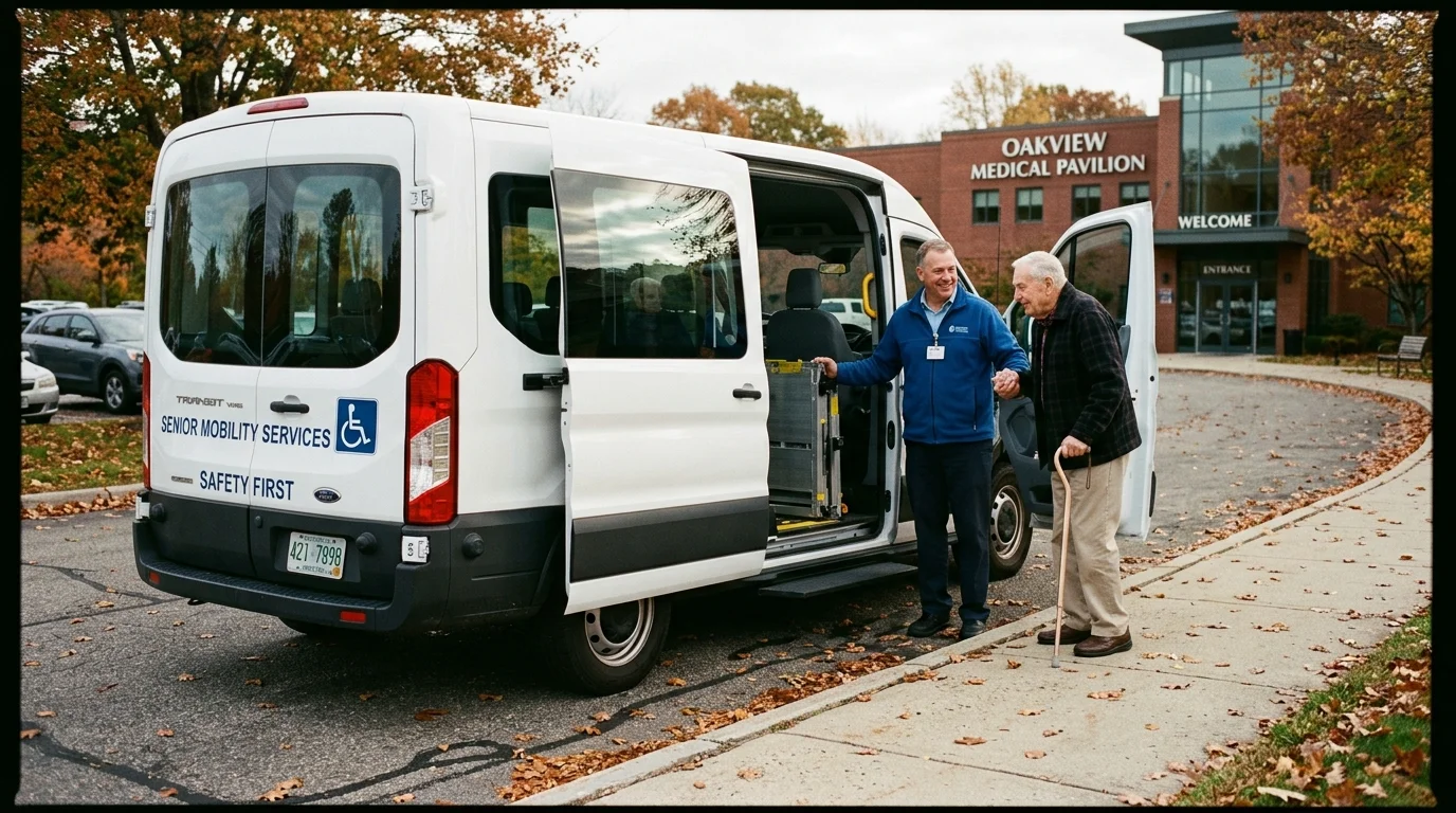 A driver helps an elderly man with a cane step out of an accessible white mobility van outside a medical building.