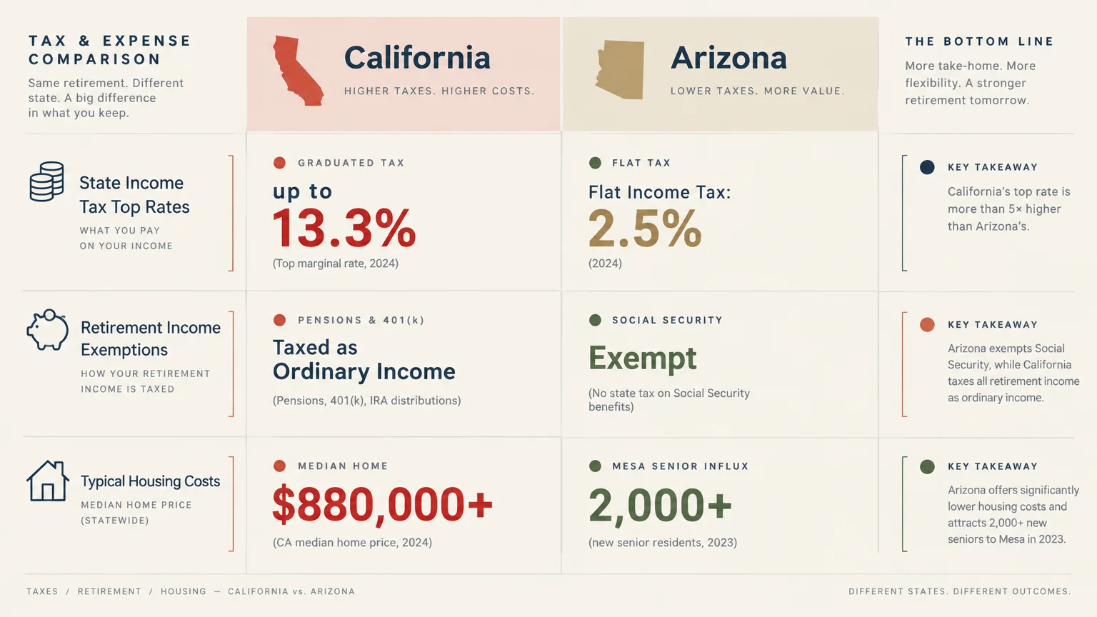 Tax and expense comparison chart between California and Arizona covering income tax, retirement exemptions, and housing.