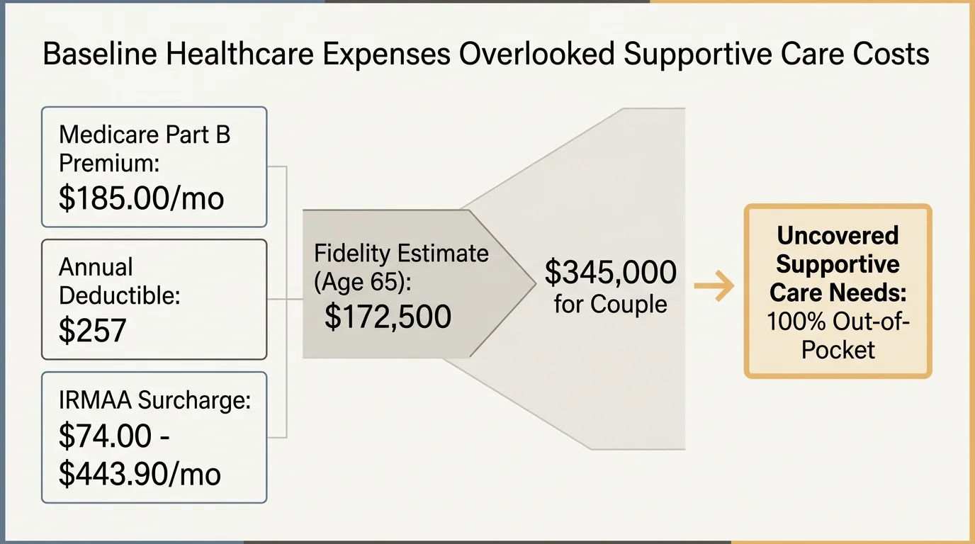 Flow diagram linking Medicare Part B premiums, deductibles, and surcharges to a $345,000 estimate for couples.