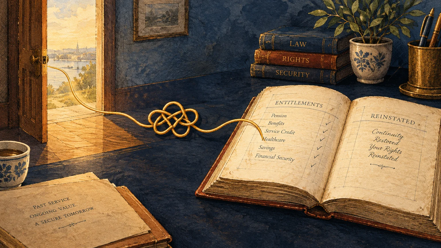 Illustration of an open ledger labeled entitlements connected by a gold cord to an open doorway overlooking a bright landscape.