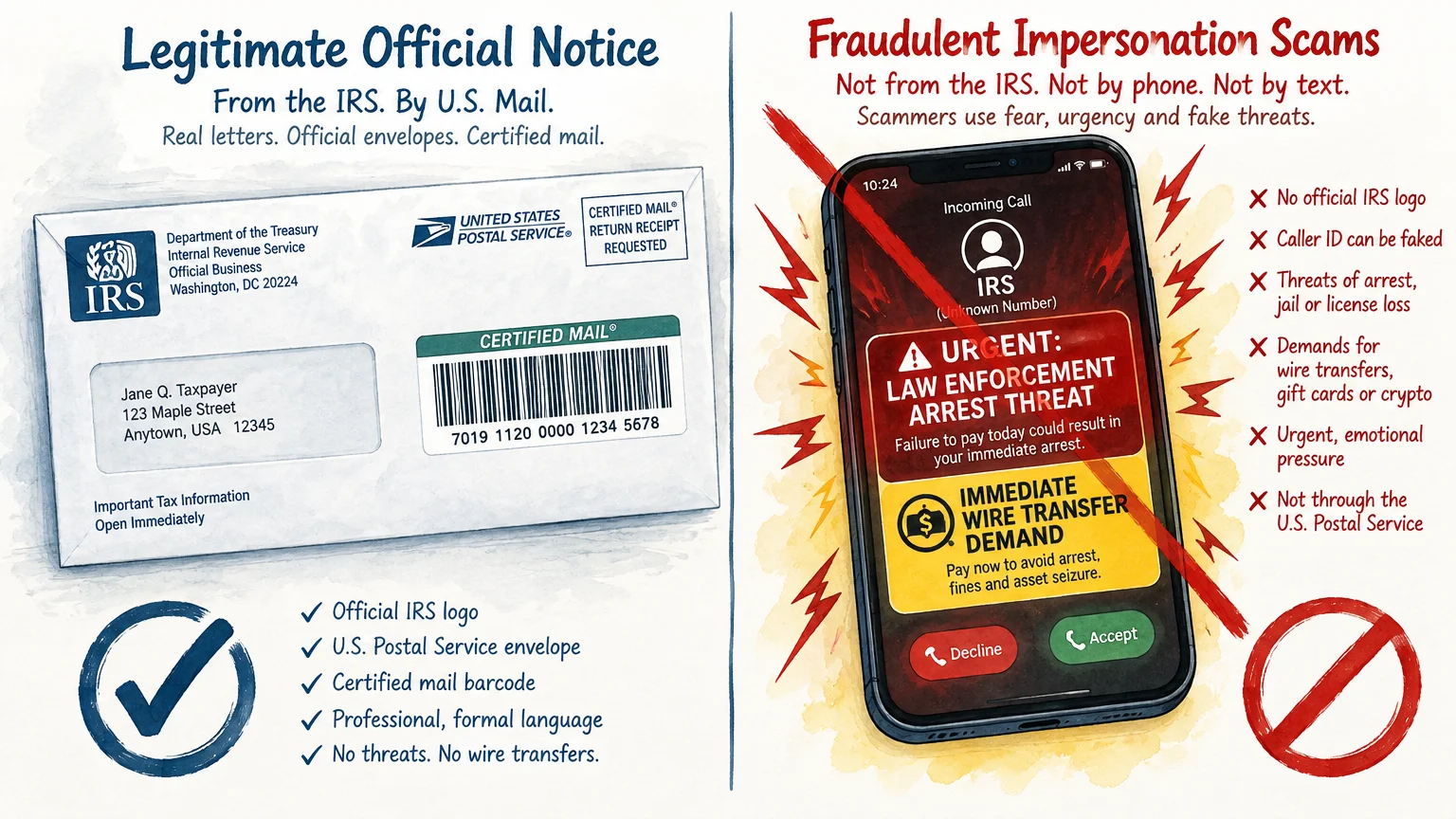 Side-by-side comparison of a certified IRS mail envelope versus a fraudulent smartphone call screen showing arrest threats.