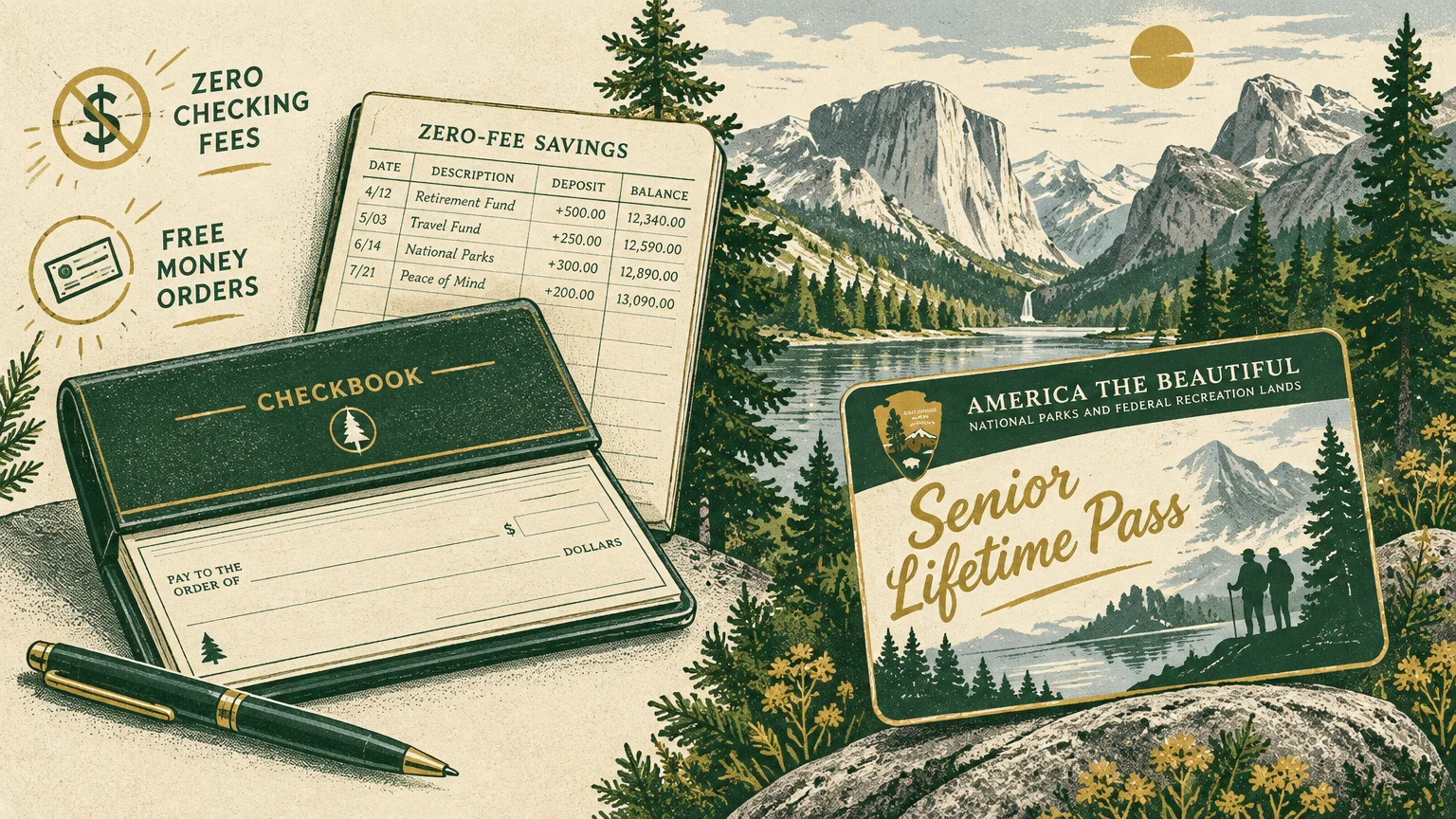Illustration of a checkbook, savings ledger, pen, and Senior Lifetime Pass against a mountain landscape.