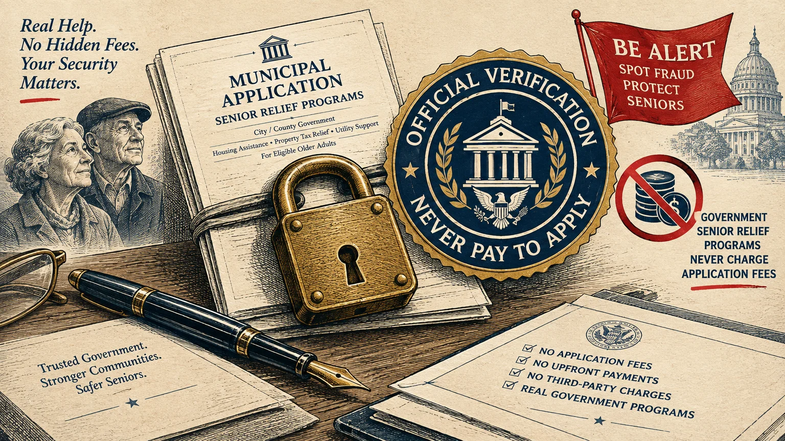 Illustration of senior relief application papers with a brass padlock, official verification seal, pen, and warning signs.