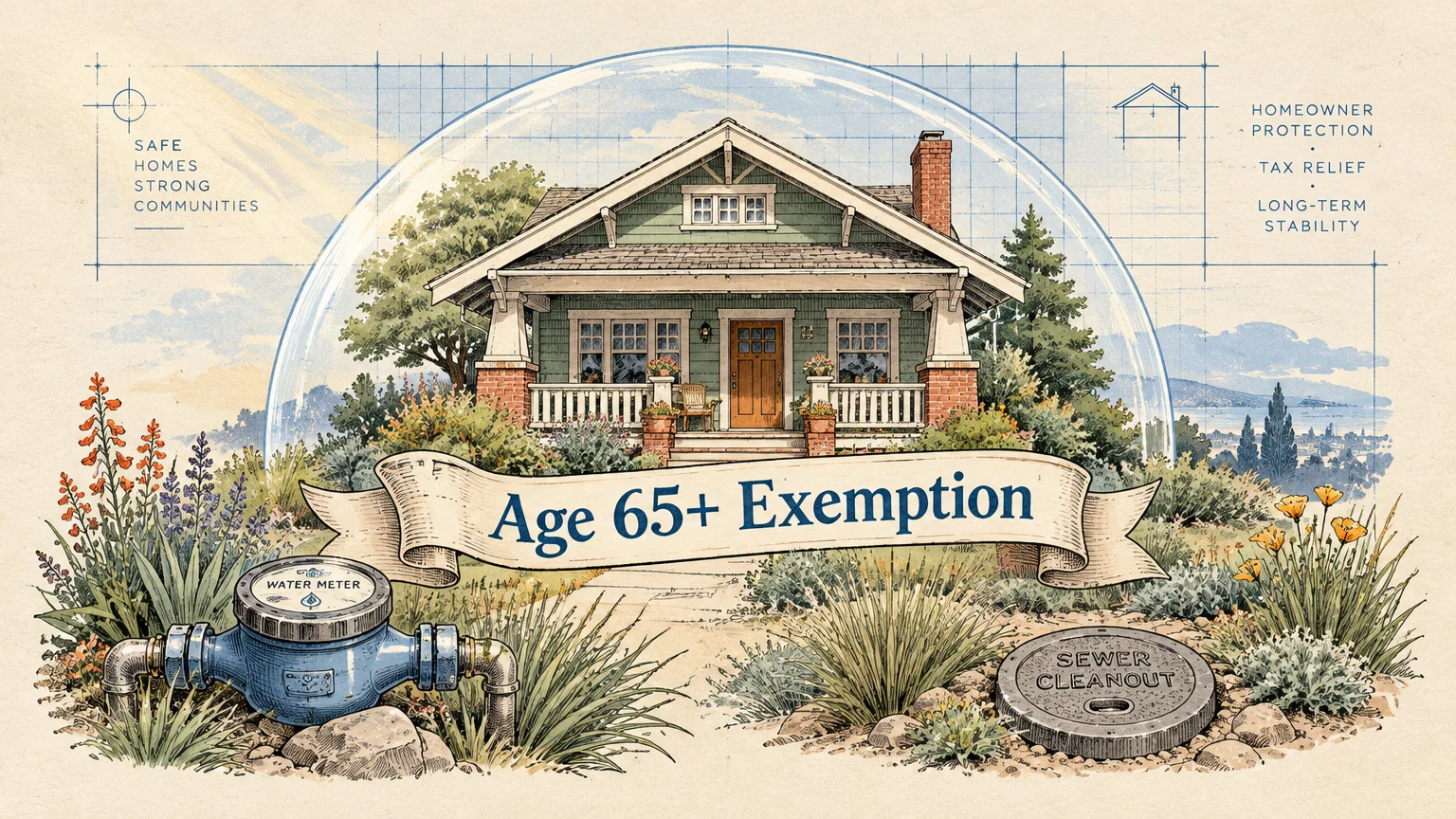 Illustration of a craftsman bungalow under a protective dome with an "Age 65+ Exemption" banner, water meter, and sewer cap.