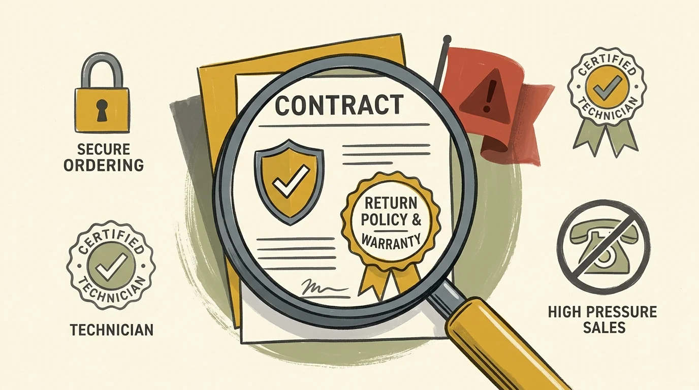 Magnifying glass over a contract with a return policy seal, surrounded by security icons and warning flags.