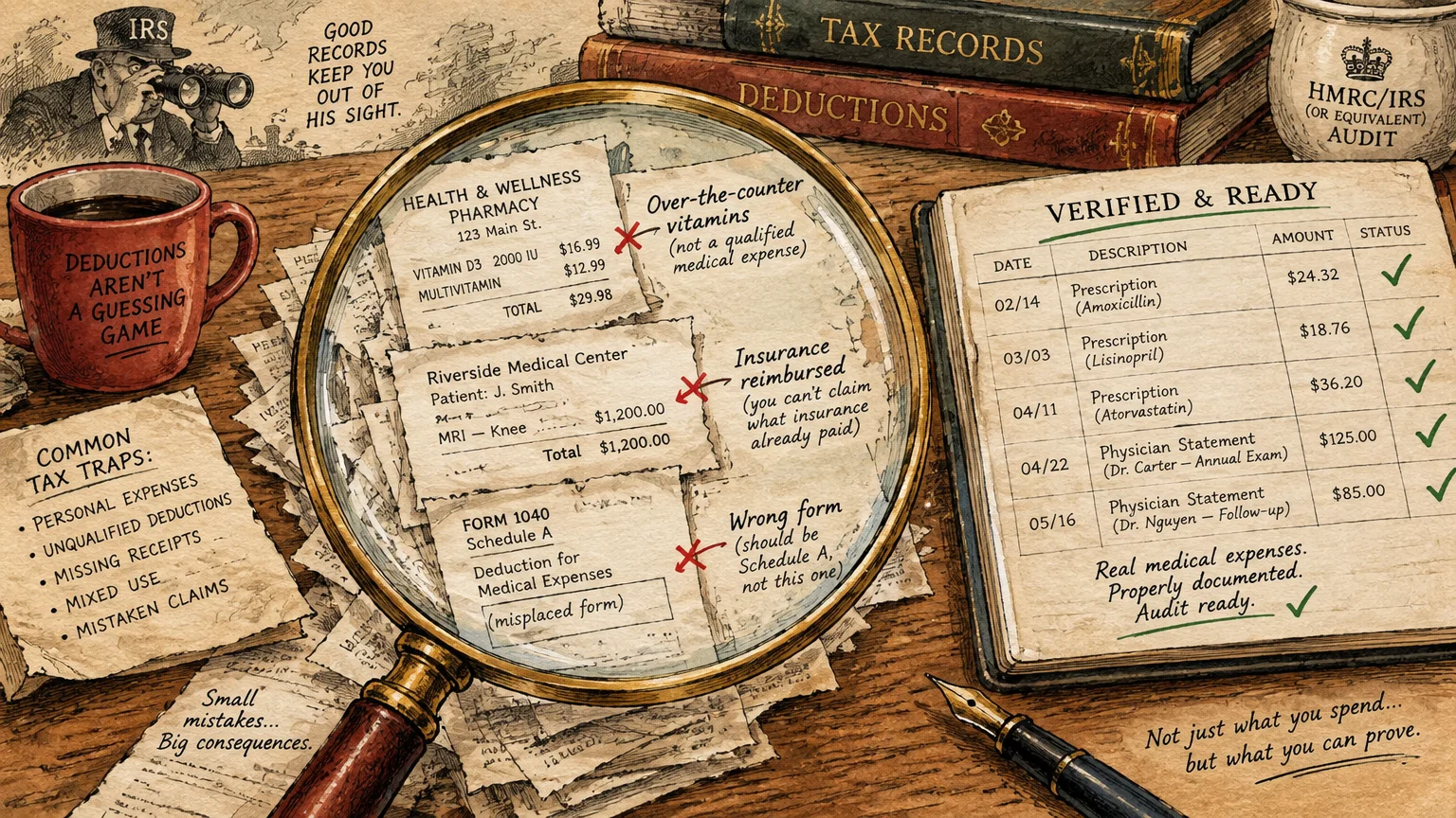 Magnifying glass over rejected receipts next to an approved medical expense ledger on a wooden desk.