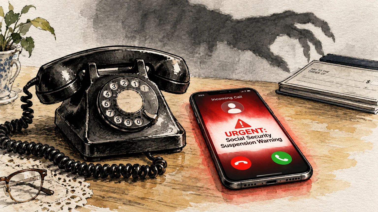 Illustration of a smartphone displaying an urgent Social Security warning call next to a vintage rotary phone and checkbook.