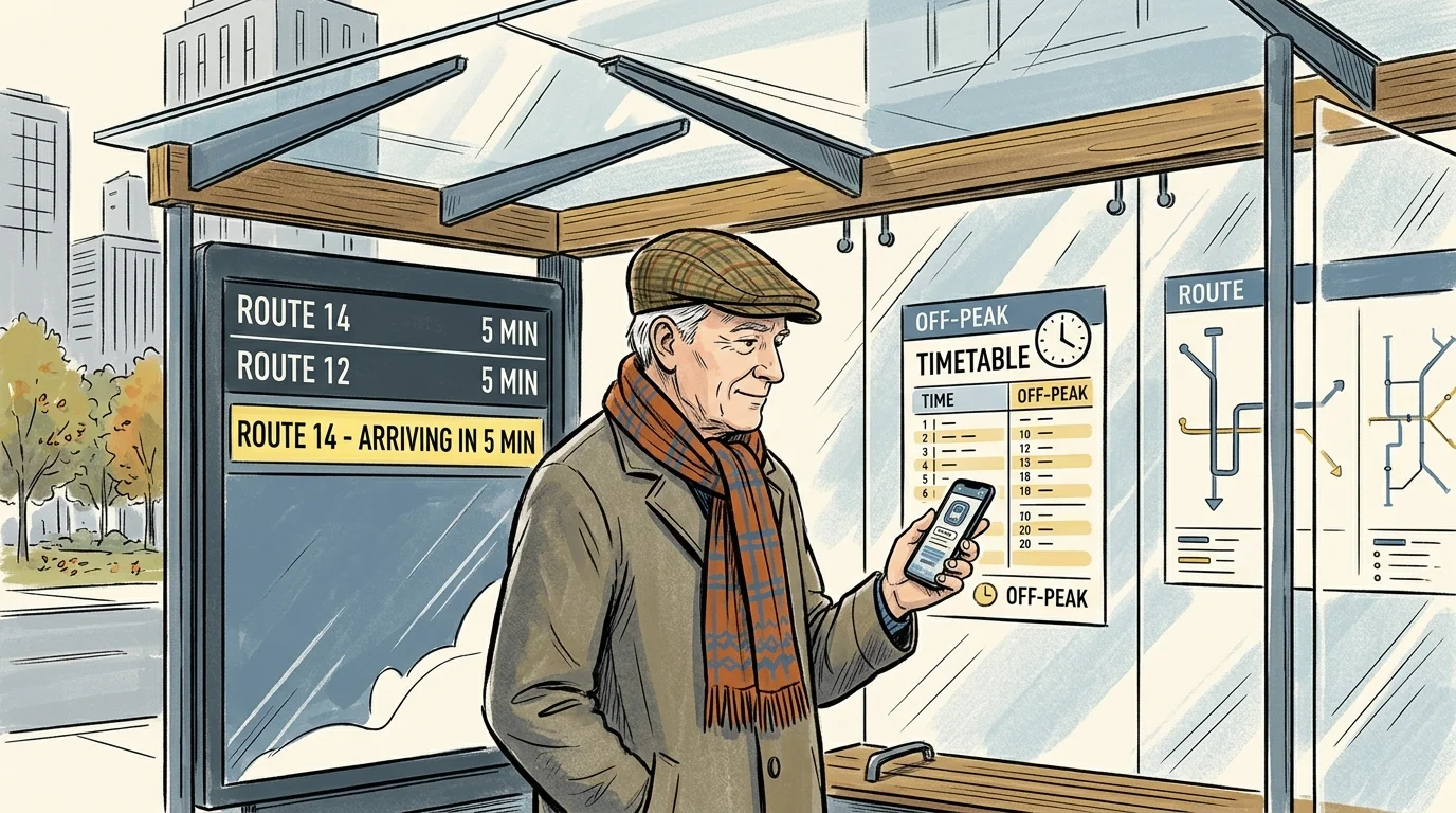Illustration of a senior man checking a smartphone inside a glass bus shelter beside route timetables and arrival boards.